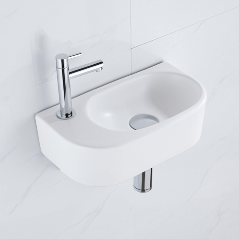 QeramiQ Fuente pack lave-mains – demi-rond – 40 x 21,5 x 12 cm – céramique blanc mat – perçage à gauche – robinet chromé SW1232784