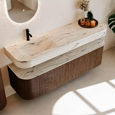 MONDIAZ THOR-DLUX 160cm meuble de salle de bains arrondi gauche + droite couleur Walnut avec 1 tiroir et 2 portes. Vasque suspendue CLOUD Gauche 1 trou de robinet couleur Nata. SW1465264