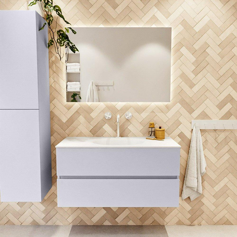 Mondiaz VICA Ensemble meuble de salle de bains - 100cm - cale - 2 tiroirs - Lavabo MOON - au milieu - 1 trou de robinet - couleur talc - version XL 60cm de hauteur SW1189235