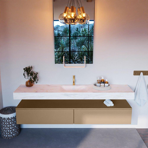 Mondiaz ALAN-DLUX Ensemble de meuble - 200cm - meuble - Oro mat - 2 tiroirs - Lavabo Cloud Ostra suspendu - vasque Centre - 1 trou de robinet - Beige SW807810