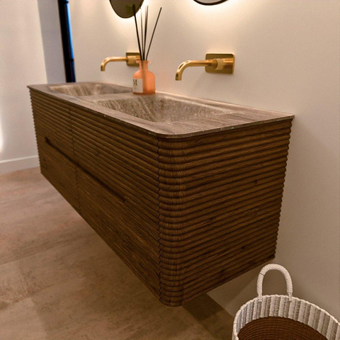 Mondiaz CIRO-DLUX Badkamermeubelset - 140x45x50cm - Solid surface wastafel Oza - 2 wasbak Dubbel - zonder kraangaten - 4 lades - Dusk SW1533284