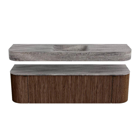MONDIAZ THOR-DLUX 160cm meuble de salle de bains arrondi gauche + droite couleur Walnut avec 1 tiroir et 2 portes. Vasque suspendue CLOUD Milieu 1 trou de robinet couleur Oza. SW1465290