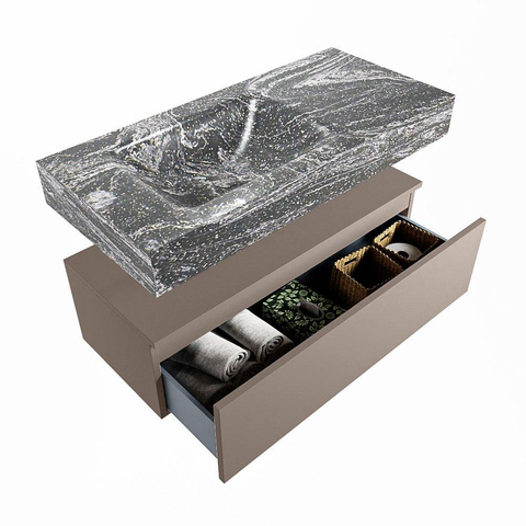 Mondiaz ALAN-DLUX Ensemble de meuble - 100cm - meuble Smoke mat - 1 tiroir - Lavabo Cloud Lava suspendu - vasque Gauche - 0 trous de robinet SW808062