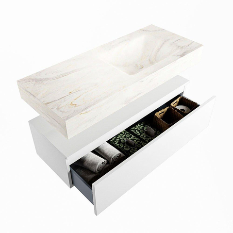 Mondiaz ALAN-DLUX Ensemble de meuble - 110cm - meuble Talc mat - 1 tiroir - Lavabo Cloud Ostra suspendu - vasque Droite - 0 trous de robinet SW806758