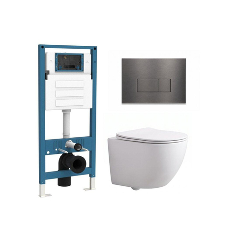 QeramiQ Dely Swirl Ensemble WC Compact - réservoir encastré QeramiQ flush - abattant slim - plaque de commande métallique gunmetal - boutons rectangulaires - blanc mat SW1590787