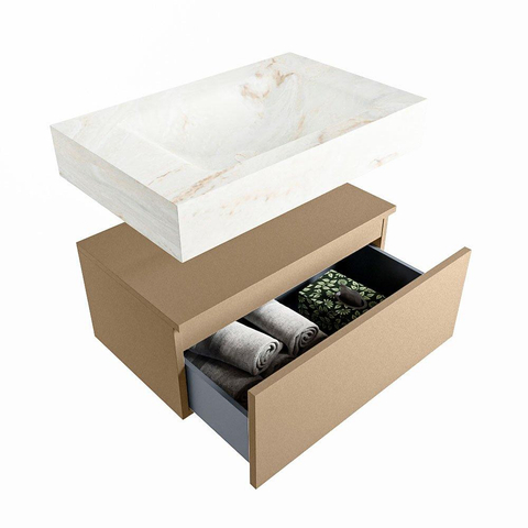 Mondiaz ALAN-DLUX Ensemble de meuble - 70cm - meuble Oro mat - 1 tiroir - Lavabo Cloud Frappe suspendu - vasque Centre - 0 trous de robinet SW805009