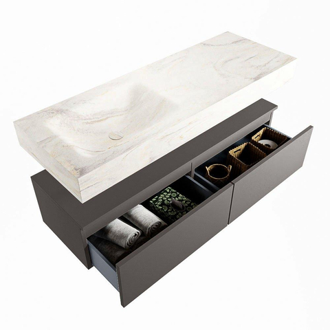 MONDIAZ ALAN - DLUX Ensemble de meuble de salle de bains - 130cm - meuble bas - gris foncé - 2 tiroirs - lavabo suspendu - vasque gauche - 1 trou de robinet - Ostra SW807097