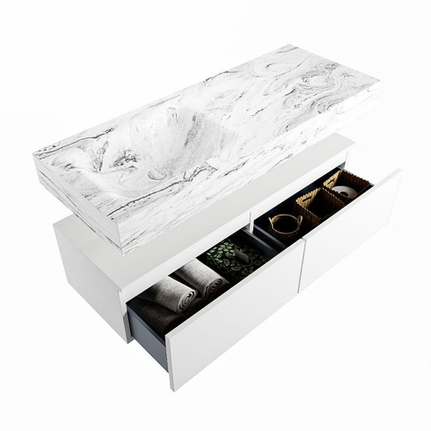 Mondiaz ALAN-DLUX Ensemble de meuble - 120cm - meuble Talc mat - 2 tiroirs - Lavabo Cloud Glace suspendu - vasque Gauche - 1 trou de robinet SW805398