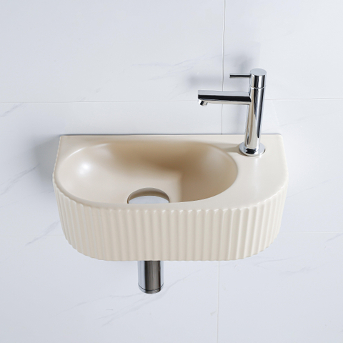 Fugaflow Efficiente Pietra Fonteinset - 40x21.5x12cm - rechts - geribbeld - halfrond - 1 kraangat - keramiek - fonteinkraan chroom - afvoerplug - verlaagd sifon - beige SW1443519