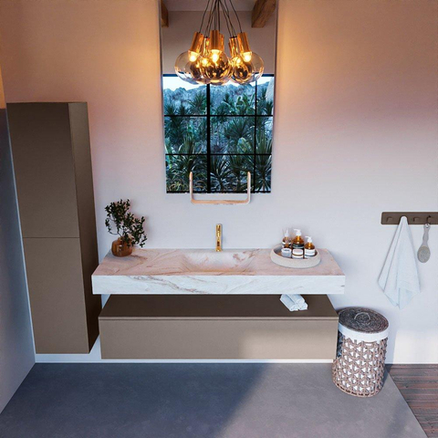Mondiaz ALAN-DLUX Ensemble de meuble - 150cm - meuble Smoke mat - 1 tiroir - Lavabo Cloud Frappe suspendu - vasque Centre - 1 trou de robinet SW805585