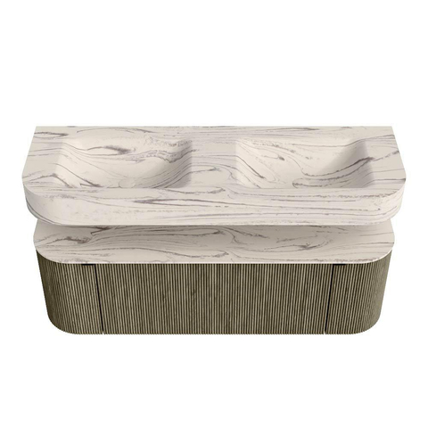 MONDIAZ THOR-DLUX Meuble de salle de bains 140cm arrondi gauche + droite couleur Shadow avec 1 tiroir et 2 portes. Vasque suspendue CLOUD Double sans trou de robinet couleur Nata. SW1464234
