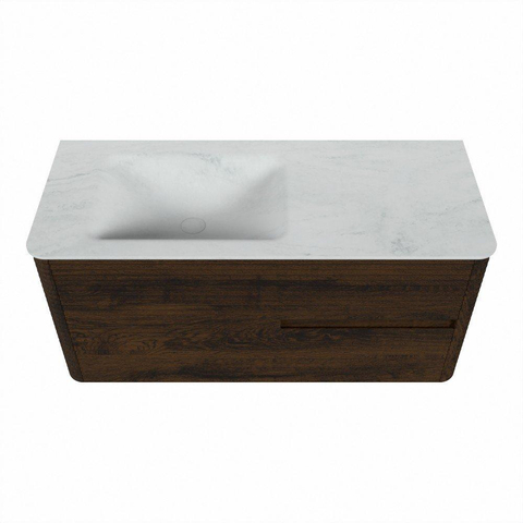 Mondiaz CIRO-DLUX Badkamermeubelset - 110x45x50cm - Solid surface wastafel Opalo - 1 wasbak Links - 1 kraangat - 2 lades - Walnut SW1530204