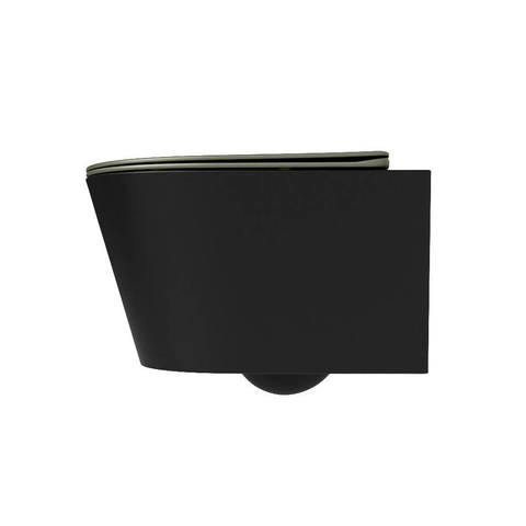 Mondiaz LAVIE hangtoilet – spoelrandloos – 36 x 53 cm – met softclose zitting – Urban (zwart), zitting Army (groen) SW1208580