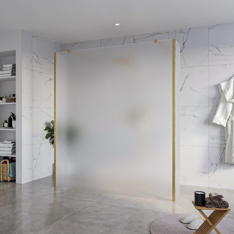 Fortifura Galeria Vrijstaande Inloopdouche - 180x200cm - glas mat - antikalk - 8mm veiligheidsglas - 2 zijwanden - 40cm - wandsteunen en hoekprofielen - PVD - geborsteld messing (goud) SW993158