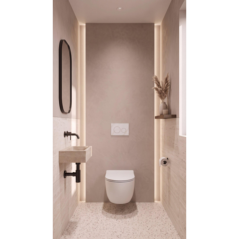 QeramiQ Dely Swirl Toiletset - inbouwreservoir Qeramiq Flush - slim zitting - natuursteen wit marmeren bedieningsplaat - ronde knoppen - mat wit SW1578410