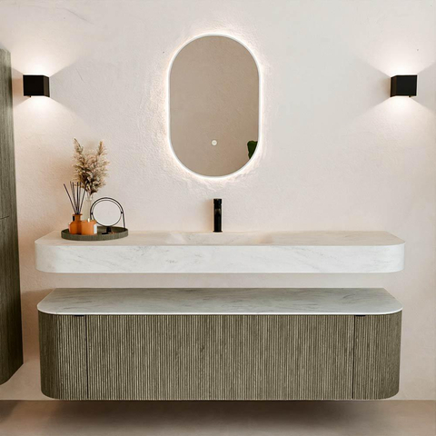 MONDIAZ THOR-DLUX 170cm meuble de salle de bains arrondi gauche + droite couleur Shadow avec 1 tiroir et 2 portes. Vasque suspendue CLOUD Milieu 1 trou de robinet couleur Opalo. SW1465538
