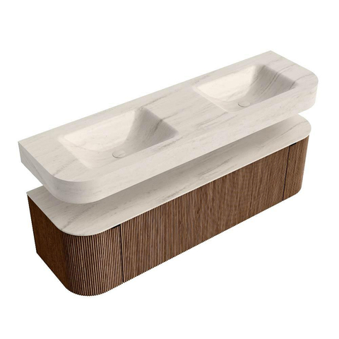 MONDIAZ THOR-DLUX 160cm meuble de salle de bains arrondi gauche + droite couleur Walnut avec 1 tiroir et 2 portes. Vasque suspendue CLOUD Double 2 trous de robinet couleur Meli. SW1465089