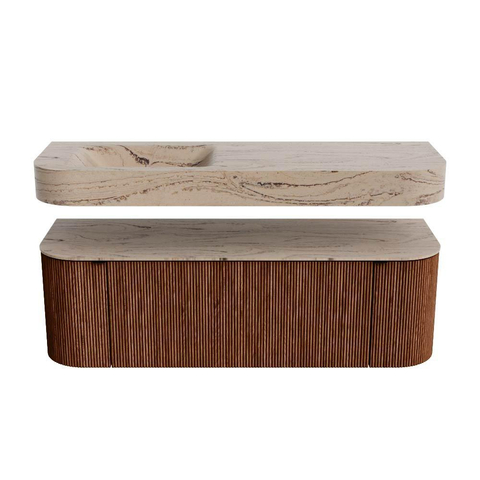 MONDIAZ THOR-DLUX Meuble de salle de bains - 140cm - arrondi gauche + droite - couleur Ruby - 1 tiroir - 2 portes - Vasque suspendue CLOUD Gauche 1 trou de robinet - couleur Arena SW1464363
