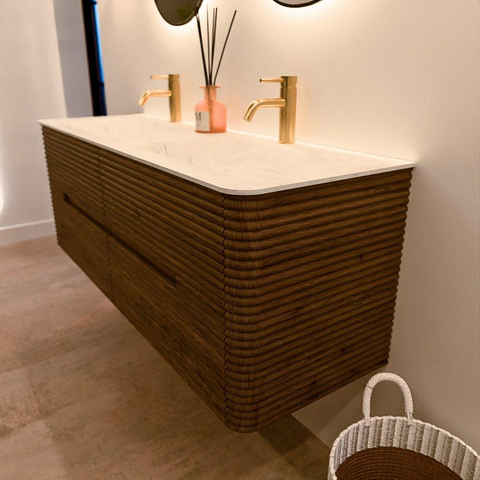Mondiaz CIRO-DLUX Badkamermeubelset - 140x45x50cm - Solid surface wastafel Opalo - 2 wasbak Dubbel - 2 kraangaten - 4 lades - Dusk SW1532960