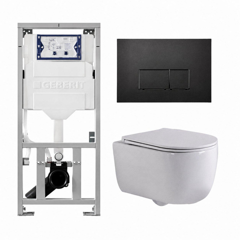 QeramiQ Dely Swirl Toiletset - 36.3x51.7cm - Geberit UP320 inbouwreservoir - met Burda frame - slim zitting - mat zwarte metalen bedieningsplaat - rechthoekige knoppen - glans wit SW1126102