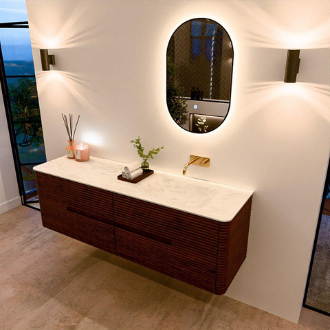 Mondiaz CIRO-DLUX Meuble de salle de bains - 160x45x50cm - Plan vasque solid surface Opalo - 1 lavabo à droite - sans trous de robinetterie - 4 tiroirs - Ruby SW1531693