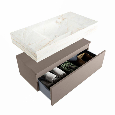 Mondiaz ALAN-DLUX Ensemble de meuble - 90cm - meuble Smoke mat - 1 tiroir - Lavabo Cloud Frappe suspendu - vasque Centre - 0 trous de robinet SW804965
