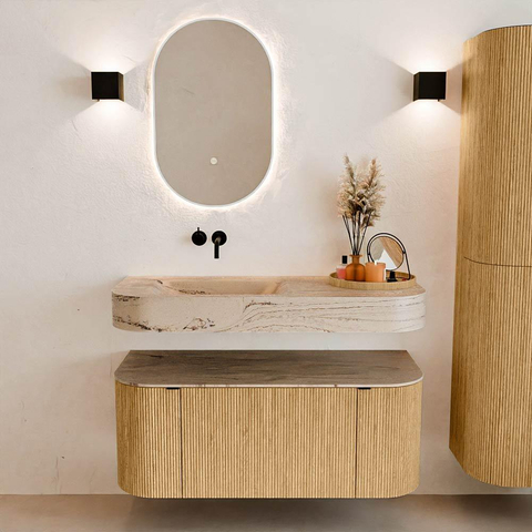 MONDIAZ THOR-DLUX 110cm meuble de salle de bains arrondi gauche + droite couleur Oak avec 1 tiroir et 2 portes. Vasque suspendue CLOUD Gauche sans trou de robinet couleur Arena. SW1462906