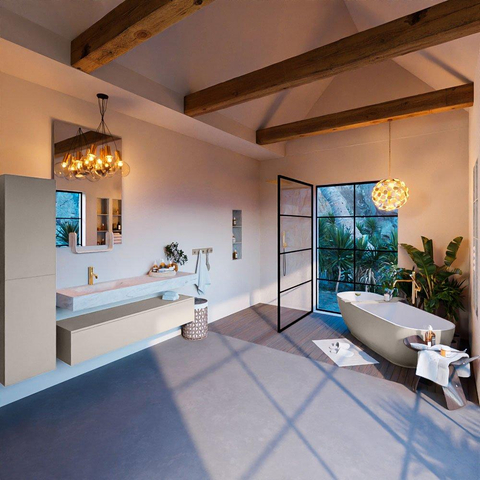 Mondiaz ALAN-DLUX Ensemble de meuble - 150cm - meuble Linen mat - 1 tiroir - Lavabo Cloud Opalo suspendu - vasque Gauche - 1 trou de robinet SW806597