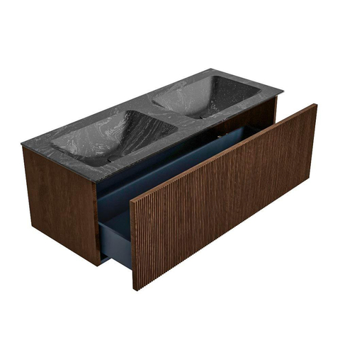 MONDIAZ KURVE-DLUX Meuble de salle de bains 120 cm couleur Walnut avec 1 tiroir. Lavabo LEAF double sans trou de robinet couleur Lava. SW1137261