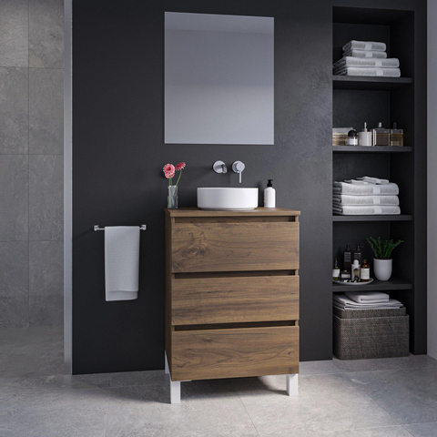 Saniclass Chaci PLUS Meuble de salle de bain - 60x86x46cm - vasque - plan de toilette - 3 tiroirs - noyer (hout) SW1027198
