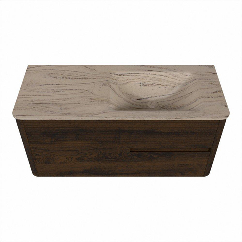 Mondiaz CIRO-DLUX Ensemble de meubles de salle de bains - 110x45x50cm - plan-vasque solid surface Arena - 1 lavabo à droite - sans trous de robinetterie - 2 tiroirs - Noyer SW1530458