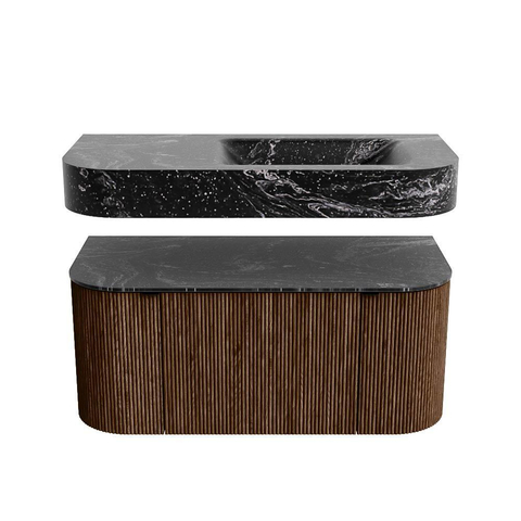 MONDIAZ THOR-DLUX 100cm meuble de salle de bains arrondi gauche + droite couleur Walnut avec 1 tiroir et 2 portes. Vasque suspendue CLOUD Droite sans trou de robinet couleur Lava. SW1467367