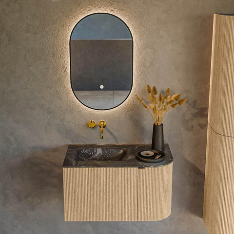 MONDIAZ KURVE-DLUX meuble de salle de bains 75cm avec module 25 R couleur chêne avec 1 tiroir et 1 porte. Vasque GRUNNE gauche sans trou de robinetterie couleur Lava. SW1138092