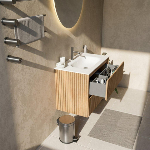 Saniclass Holz Atelier Badkamermeubelset - 80x45x61.5cm - Flow solid surface wastafel wit - 1 wasbak - 1 kraangat - 2 lades - mat eiken natural (hout) SW1478383