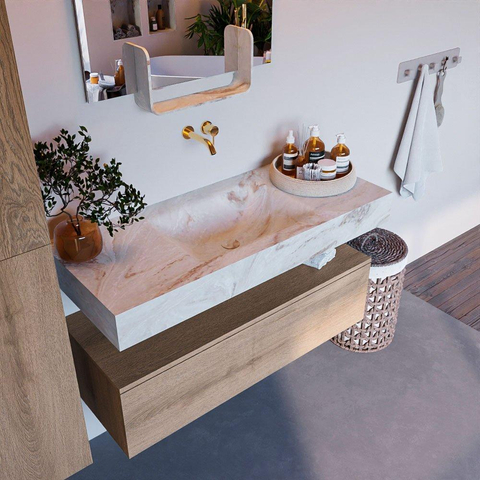 Mondiaz ALAN-DLUX Ensemble de meuble - 110cm - meuble Washed Oak mat - 1 tiroir - Lavabo Cloud Frappe suspendu - vasque Centre - 0 trous de robinet SW808603