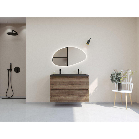 H&R Badmeubelen Infinity XXL 3D Badkamermeubelset - 100 cm - 1 keramische wasbak djazz mat zwart - 2 kraangaten - 2 lades - charleston SW863494