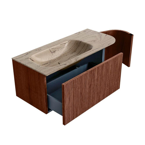 MONDIAZ KURVE-DLUX Meuble de salle de bains 105cm arrondi à droite couleur Ruby avec 1 tiroir et 1 porte. Lavabo BIG SMALL à gauche sans trou de robinet Arena. SW1431496