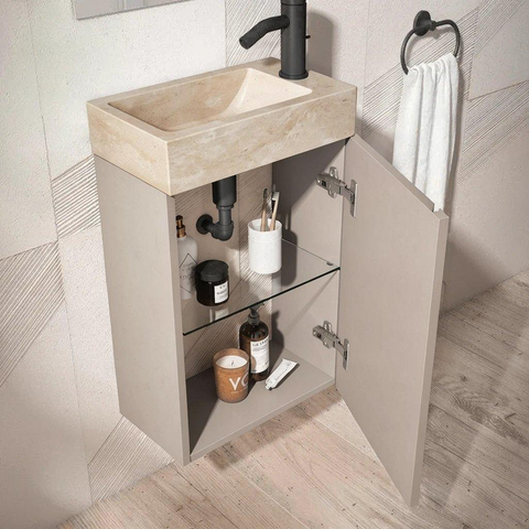 Saniclass Chaci Toiletmeubelset - 40x65cm - 1 deur - 1 kraangat - rechts - fontein travertine- mat cotton (beige) SW1482359