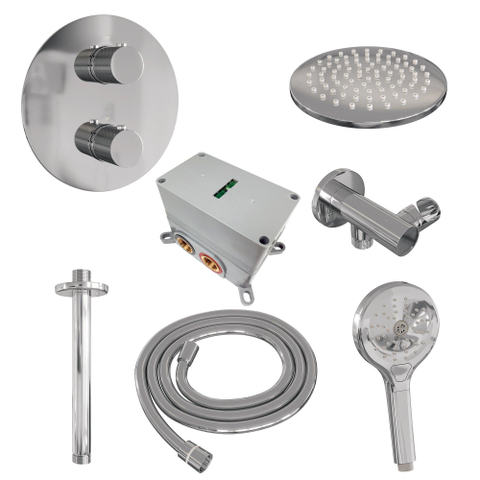BRAUER Chrome Carving douche thermostatique encastrée - 3 voies - rond - set 83 - douche principale de 20 cm - bras plafond - douchette à main 3 positions - flexible de douche - coude mural - chrome SW1158996