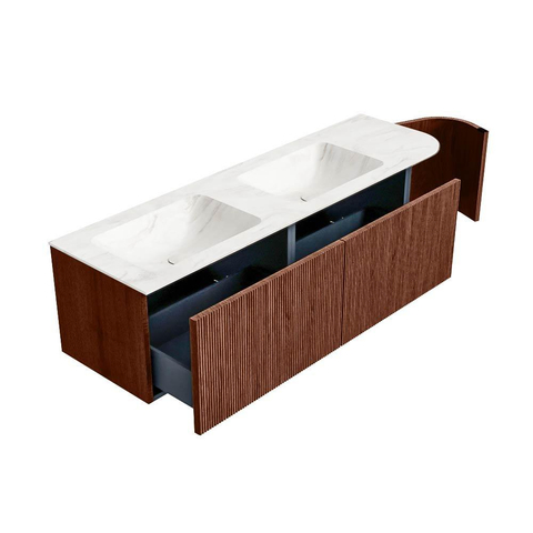 Mondiaz KURVE-DLUX Badkamermeubelset - 155x46x40cm - 2 lade - 1 deur - wastafel solid surface - dubbel / links - zonder kraangat - Ruby SW1415925