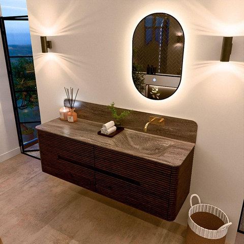 Mondiaz CIRO-DLUX Ensemble de meuble de salle de bains - 150x45x50cm - plan de toilette en solid surface Oza - 1 vasque à droite - sans trous de robinet - 4 tiroirs - Noyer SW1530647