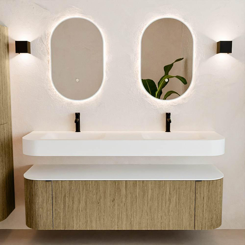 MONDIAZ THOR 160cm meuble de salle de bains arrondi gauche + droite couleur Dusk avec 1 tiroir et 2 portes. Vasque suspendue CLOUD Double 2 trous de robinet couleur Talc. SW1465029