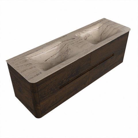 Mondiaz CIRO-DLUX Badkamermeubelset - 150x45x50cm - Solid surface wastafel Arena - 2 wasbak Dubbel - 2 kraangaten - 4 lades - Walnut SW1530433
