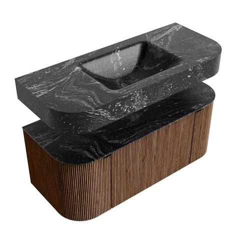 MONDIAZ THOR-DLUX 110cm meuble de salle de bains arrondi gauche + droite couleur Walnut avec 1 tiroir et 2 portes. Vasque suspendue CLOUD Milieu sans trou de robinet couleur Lava. SW1462754