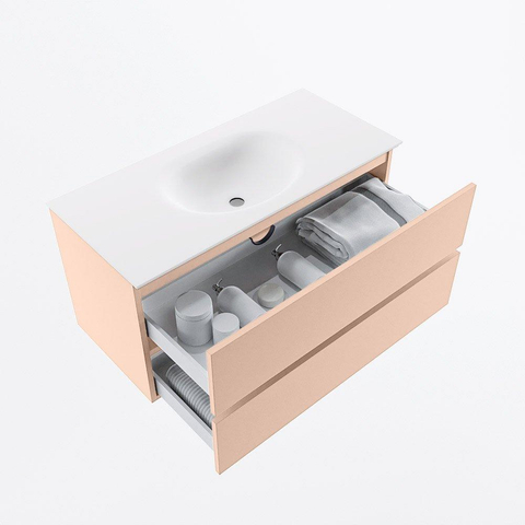 MONDIAZ VICA Ensemble meuble de salle de bains - 100cm - meuble bas rosee - 2 tiroirs - lavabo moon central - 1 trou de robinet - version haute 60cm - talc SW1081120