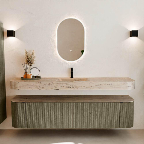 MONDIAZ THOR-DLUX Meuble de salle de bains 190cm arrondi gauche + droite couleur Shadow avec 2 tiroirs et 2 portes. Vasque suspendue CLOUD Milieu 1 trou de robinet couleur Arena. SW1466615