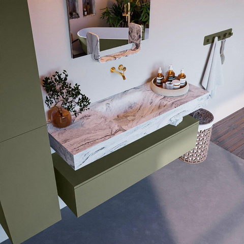 Mondiaz ALAN-DLUX Ensemble de meuble - 130cm - meuble Army mat - 1 tiroir - Lavabo Cloud Glace suspendu - vasque Centre - 0 trous de robinet SW806049