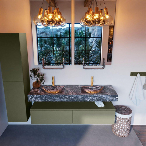 Mondiaz ALAN-DLUX Ensemble de meuble - 150cm - meuble Army mat - 2 tiroirs - Lavabo Cloud Lava suspendu - vasque Gauche et droite - 2 trous de robinet SW808410