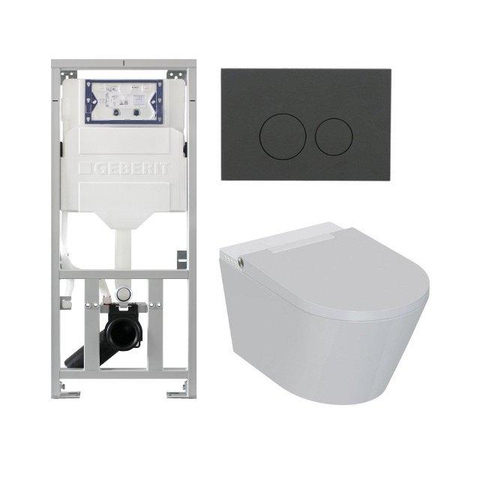 QeramiQ Luma Ensemble WC-Douche - Réservoir encastré Geberit UP320 - avec châssis Burda - sèche-cheveux - douchette féminine - plaque de commande anthracite mat - boutons ronds - blanc brillant SW1471997