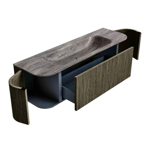 MONDIAZ KURVE-DLUX 150cm badmeubel ronding Links + Rechts kleur Shadow met 1 lade en 2 deuren. Wastafel BIG MEDIUM Midden zonder kraangat Oza. SW1432885